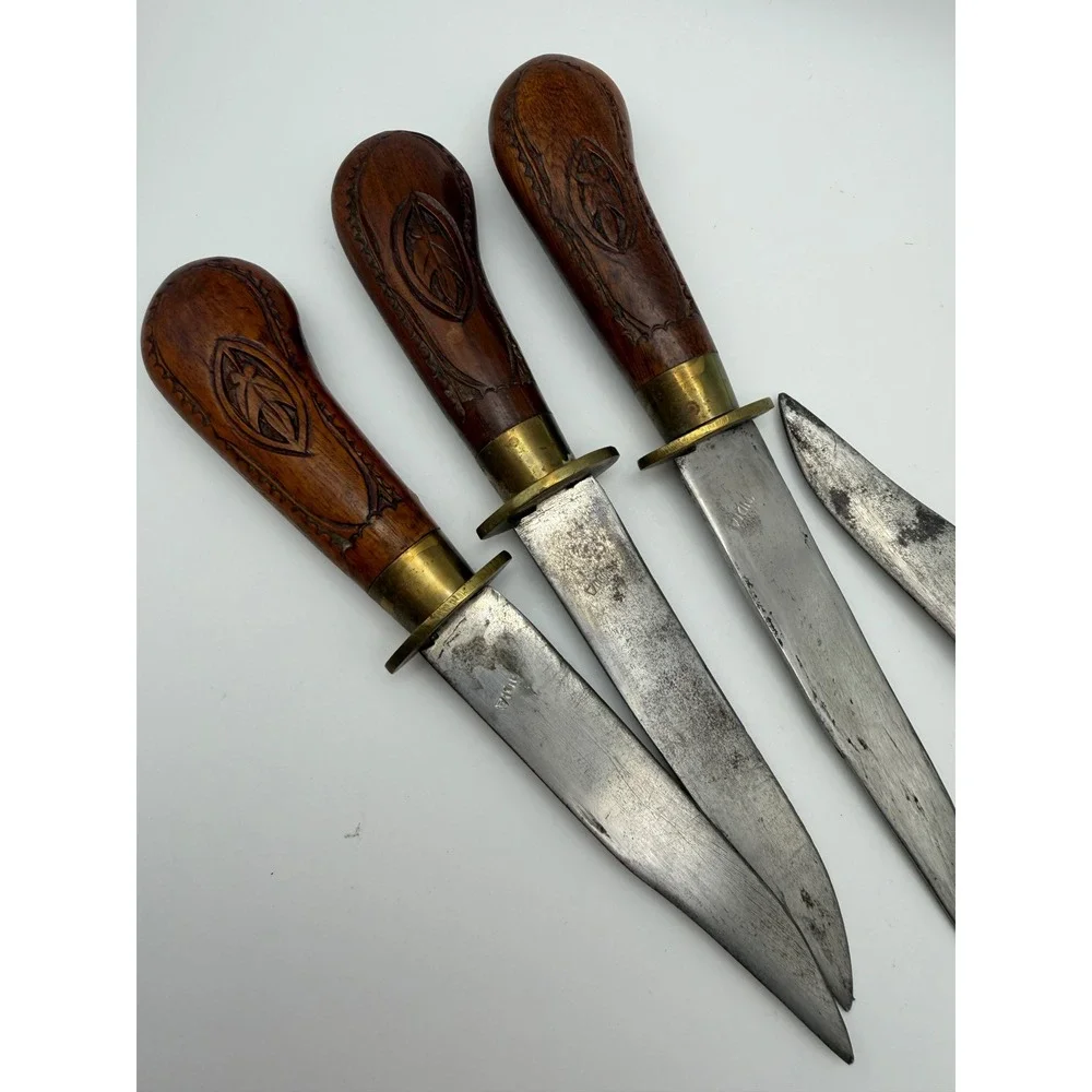 Vintage Hand Carved Wood Brass Steak Knife Set 6pc India Floral Storage Block